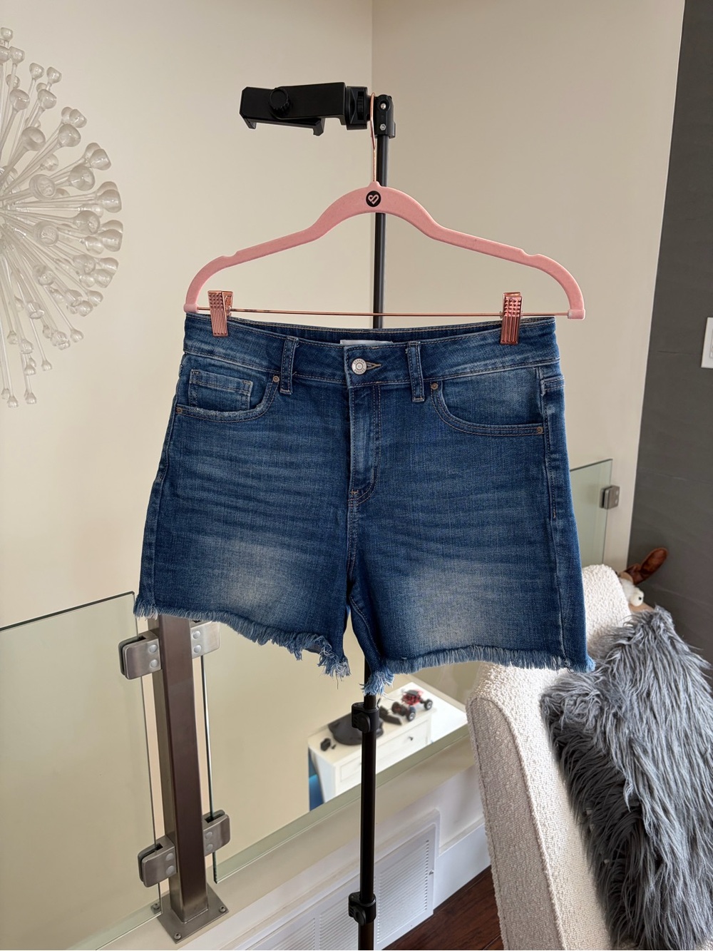 Dark Blue Denim Frayed Hem Jean Shorts